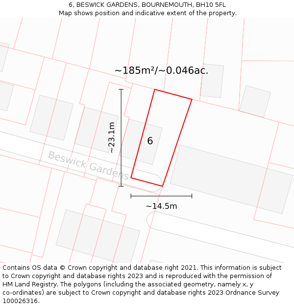 6, BESWICK GARDENS, BOURNEMOUTH, BH10 5FL: Plot and title map