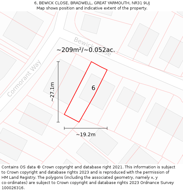 6, BEWICK CLOSE, BRADWELL, GREAT YARMOUTH, NR31 9UJ: Plot and title map