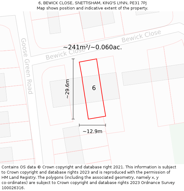 6, BEWICK CLOSE, SNETTISHAM, KING'S LYNN, PE31 7PJ: Plot and title map