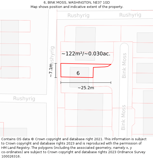 6, BINK MOSS, WASHINGTON, NE37 1GD: Plot and title map