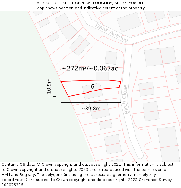 6, BIRCH CLOSE, THORPE WILLOUGHBY, SELBY, YO8 9FB: Plot and title map