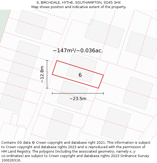 6, BIRCHDALE, HYTHE, SOUTHAMPTON, SO45 3HX: Plot and title map