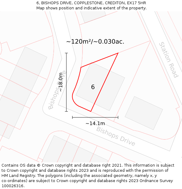 6, BISHOPS DRIVE, COPPLESTONE, CREDITON, EX17 5HR: Plot and title map