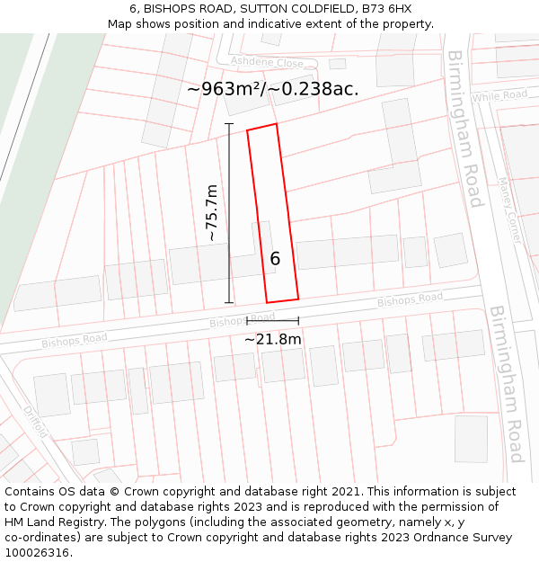 6, BISHOPS ROAD, SUTTON COLDFIELD, B73 6HX: Plot and title map