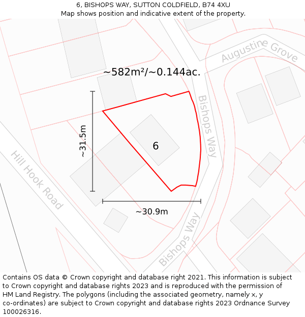 6, BISHOPS WAY, SUTTON COLDFIELD, B74 4XU: Plot and title map