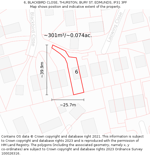 6, BLACKBIRD CLOSE, THURSTON, BURY ST. EDMUNDS, IP31 3PF: Plot and title map