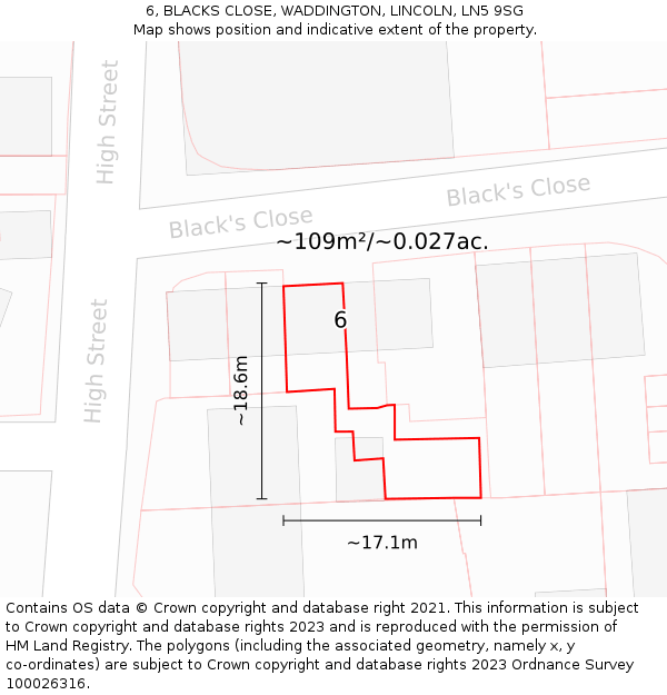 6, BLACKS CLOSE, WADDINGTON, LINCOLN, LN5 9SG: Plot and title map