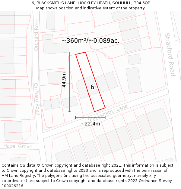 6, BLACKSMITHS LANE, HOCKLEY HEATH, SOLIHULL, B94 6QP: Plot and title map