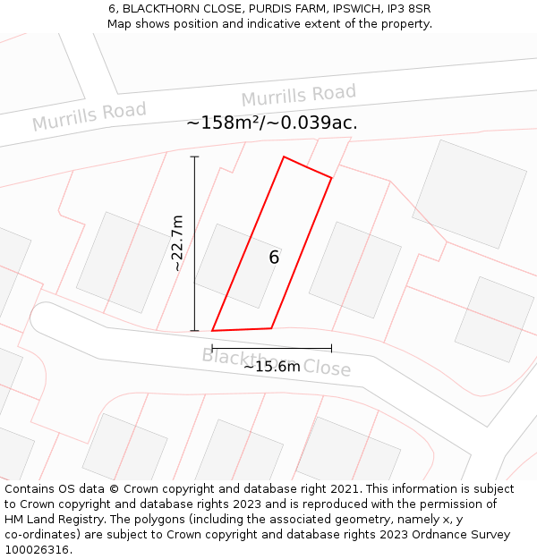 6, BLACKTHORN CLOSE, PURDIS FARM, IPSWICH, IP3 8SR: Plot and title map