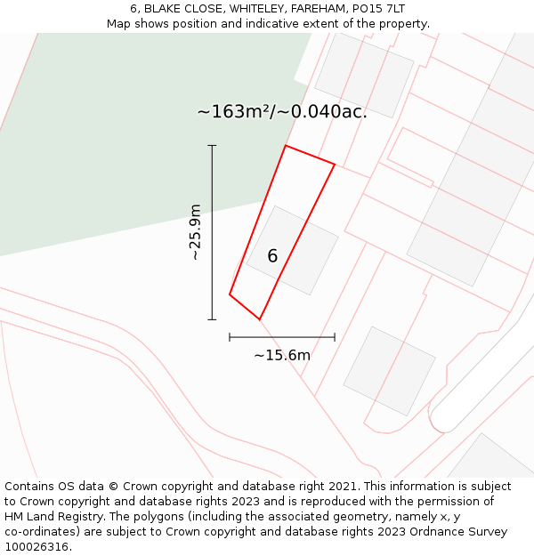6, BLAKE CLOSE, WHITELEY, FAREHAM, PO15 7LT: Plot and title map