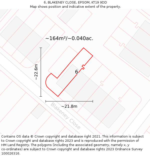6, BLAKENEY CLOSE, EPSOM, KT19 9DD: Plot and title map