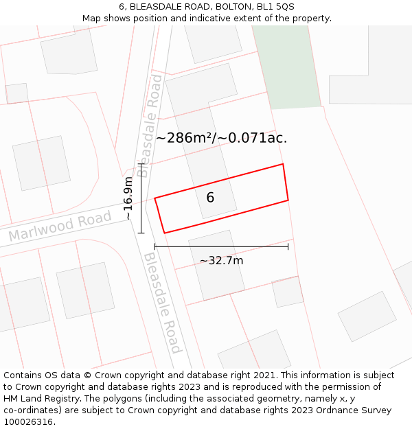 6, BLEASDALE ROAD, BOLTON, BL1 5QS: Plot and title map