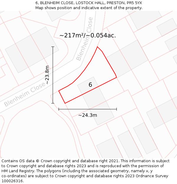 6, BLENHEIM CLOSE, LOSTOCK HALL, PRESTON, PR5 5YX: Plot and title map