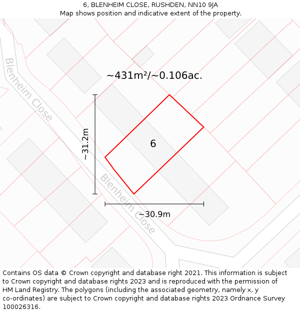 6, BLENHEIM CLOSE, RUSHDEN, NN10 9JA: Plot and title map