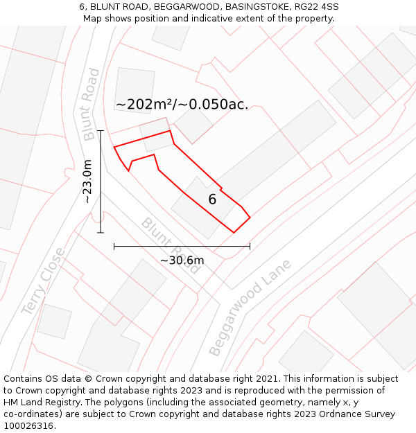 6, BLUNT ROAD, BEGGARWOOD, BASINGSTOKE, RG22 4SS: Plot and title map