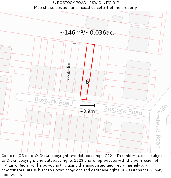 6, BOSTOCK ROAD, IPSWICH, IP2 8LP: Plot and title map