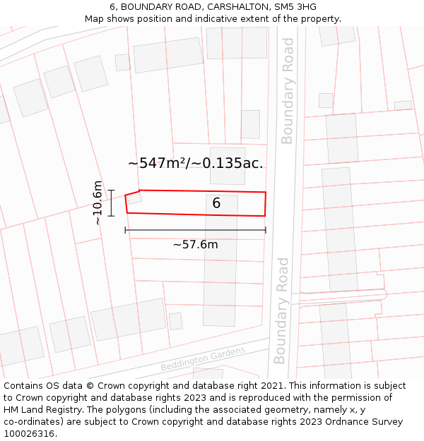 6, BOUNDARY ROAD, CARSHALTON, SM5 3HG: Plot and title map