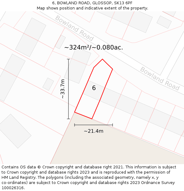 6, BOWLAND ROAD, GLOSSOP, SK13 6PF: Plot and title map