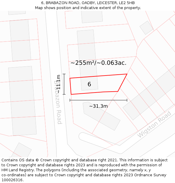 6, BRABAZON ROAD, OADBY, LEICESTER, LE2 5HB: Plot and title map
