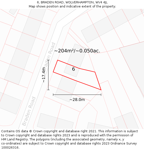6, BRADEN ROAD, WOLVERHAMPTON, WV4 4JL: Plot and title map