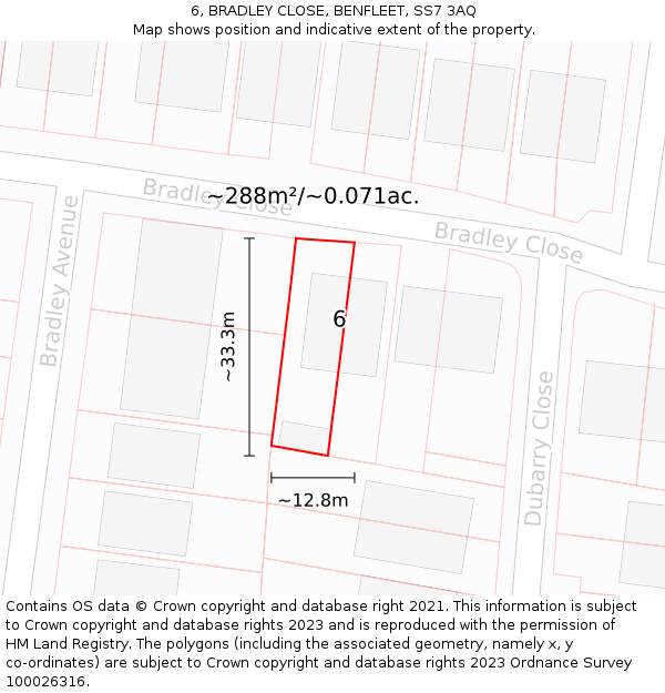 6, BRADLEY CLOSE, BENFLEET, SS7 3AQ: Plot and title map