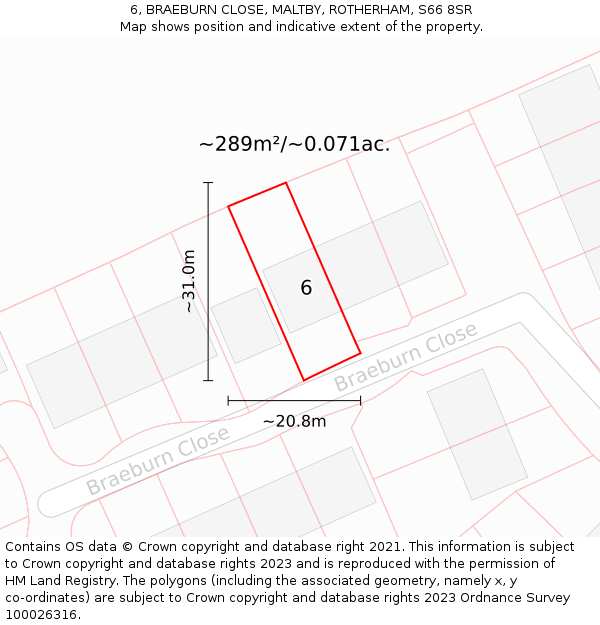 6, BRAEBURN CLOSE, MALTBY, ROTHERHAM, S66 8SR: Plot and title map