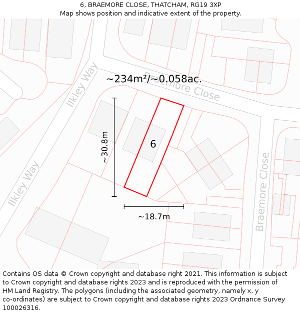 6, BRAEMORE CLOSE, THATCHAM, RG19 3XP: Plot and title map