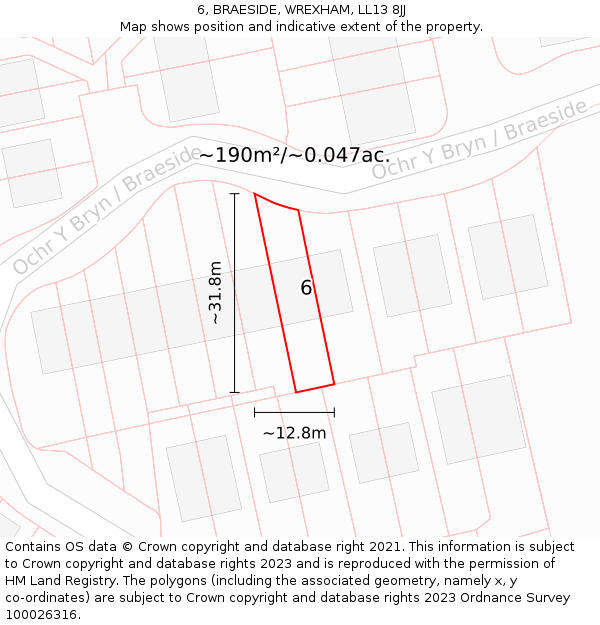 6, BRAESIDE, WREXHAM, LL13 8JJ: Plot and title map