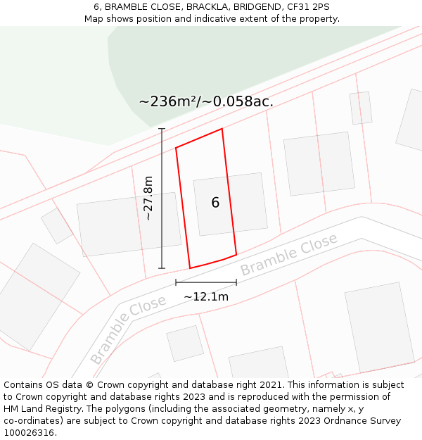 6, BRAMBLE CLOSE, BRACKLA, BRIDGEND, CF31 2PS: Plot and title map