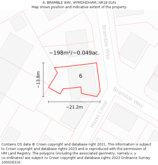 6, BRAMBLE WAY, WYMONDHAM, NR18 0UN: Plot and title map