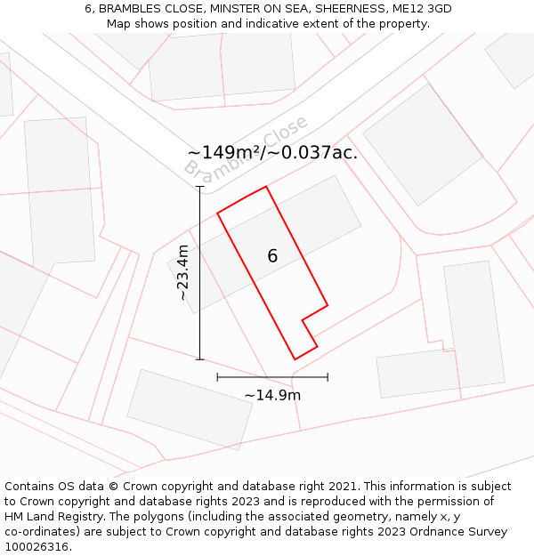 6, BRAMBLES CLOSE, MINSTER ON SEA, SHEERNESS, ME12 3GD: Plot and title map