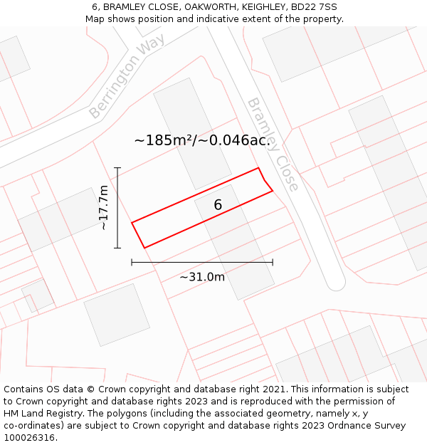 6, BRAMLEY CLOSE, OAKWORTH, KEIGHLEY, BD22 7SS: Plot and title map