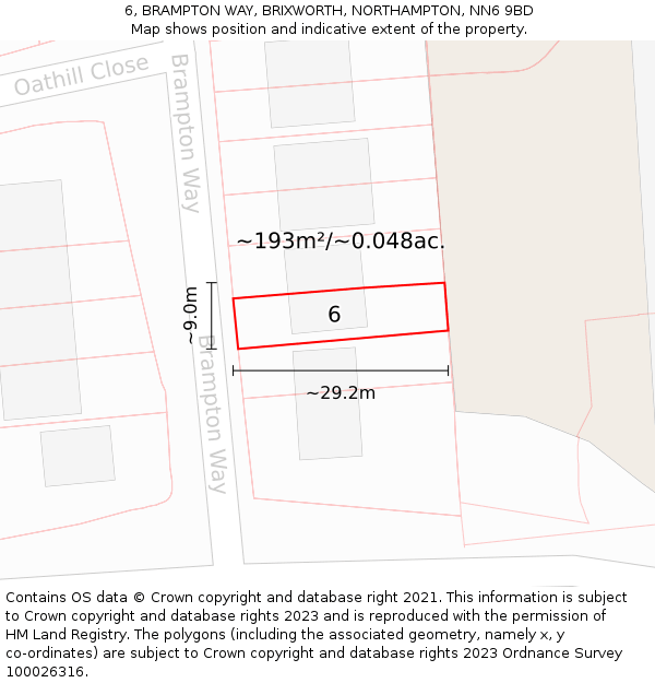6, BRAMPTON WAY, BRIXWORTH, NORTHAMPTON, NN6 9BD: Plot and title map