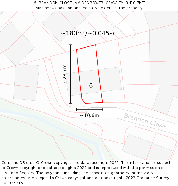6, BRANDON CLOSE, MAIDENBOWER, CRAWLEY, RH10 7NZ: Plot and title map
