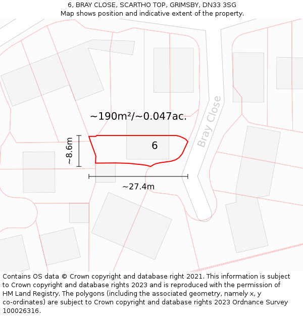 6, BRAY CLOSE, SCARTHO TOP, GRIMSBY, DN33 3SG: Plot and title map