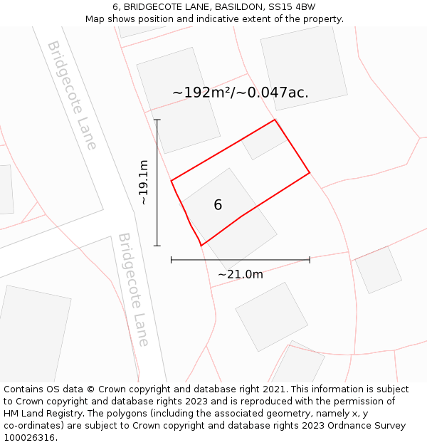 6, BRIDGECOTE LANE, BASILDON, SS15 4BW: Plot and title map