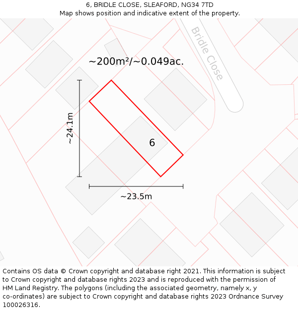 6, BRIDLE CLOSE, SLEAFORD, NG34 7TD: Plot and title map