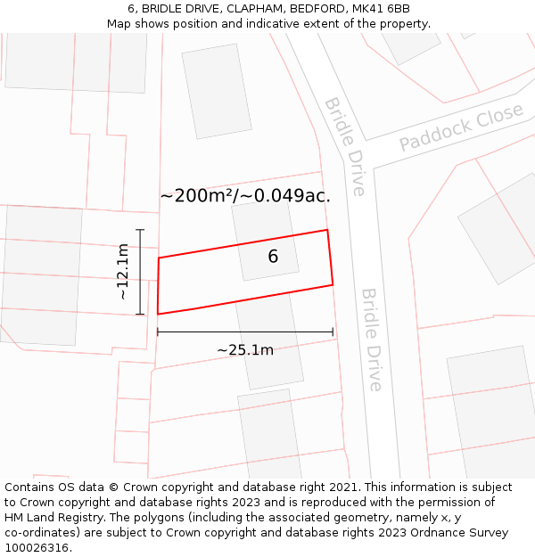 6, BRIDLE DRIVE, CLAPHAM, BEDFORD, MK41 6BB: Plot and title map