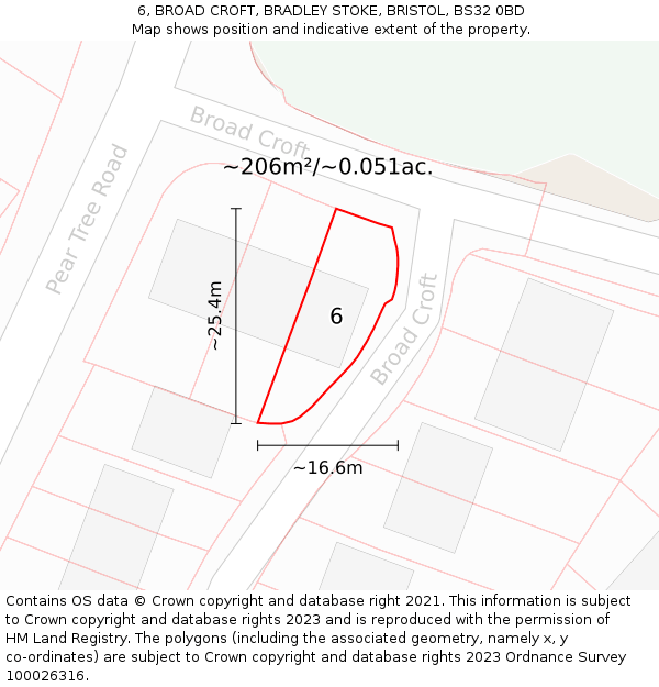 6, BROAD CROFT, BRADLEY STOKE, BRISTOL, BS32 0BD: Plot and title map