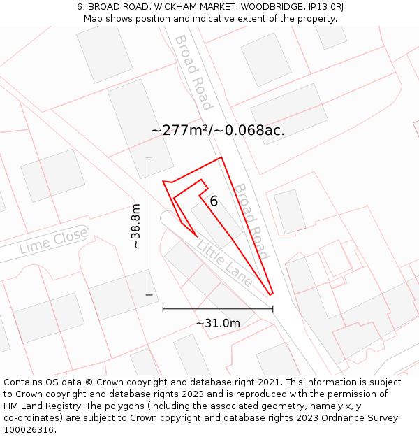 6, BROAD ROAD, WICKHAM MARKET, WOODBRIDGE, IP13 0RJ: Plot and title map