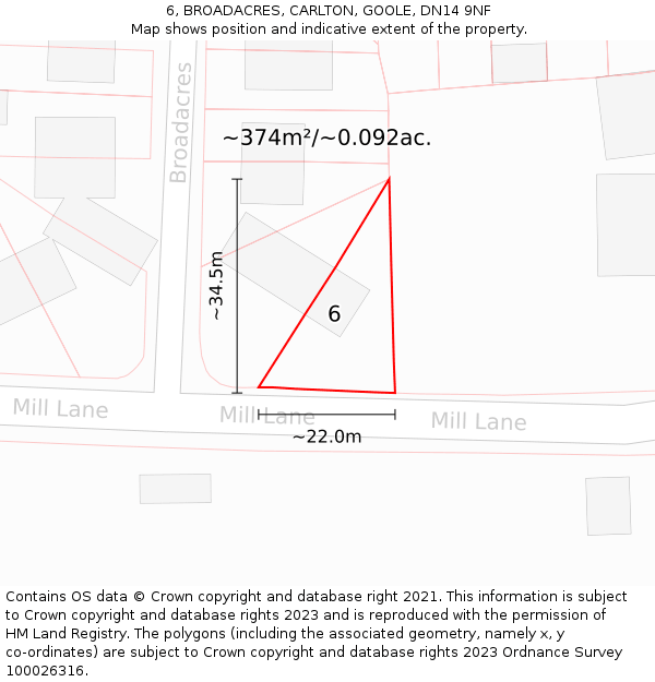 6, BROADACRES, CARLTON, GOOLE, DN14 9NF: Plot and title map