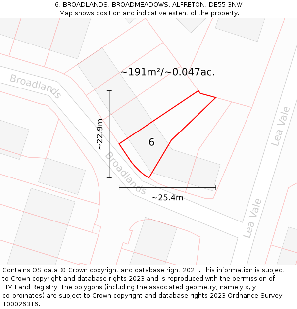 6, BROADLANDS, BROADMEADOWS, ALFRETON, DE55 3NW: Plot and title map