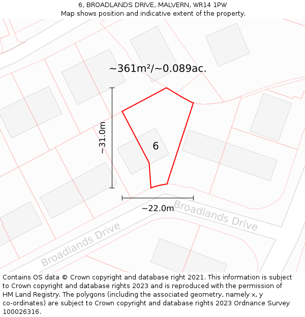 6, BROADLANDS DRIVE, MALVERN, WR14 1PW: Plot and title map