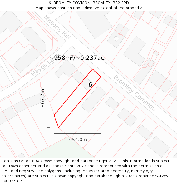 6, BROMLEY COMMON, BROMLEY, BR2 9PD: Plot and title map