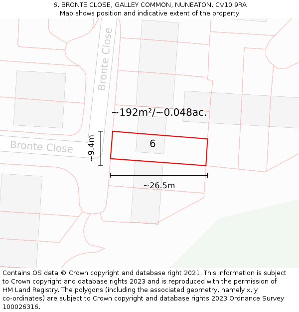 6, BRONTE CLOSE, GALLEY COMMON, NUNEATON, CV10 9RA: Plot and title map
