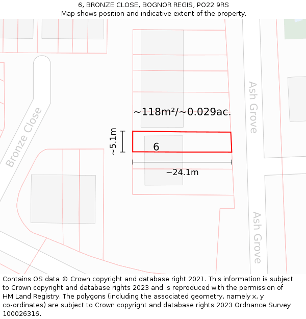 6, BRONZE CLOSE, BOGNOR REGIS, PO22 9RS: Plot and title map