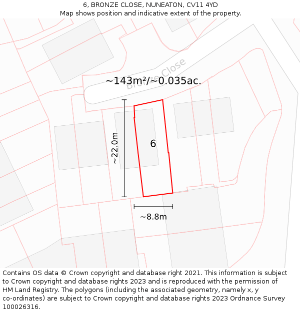 6, BRONZE CLOSE, NUNEATON, CV11 4YD: Plot and title map