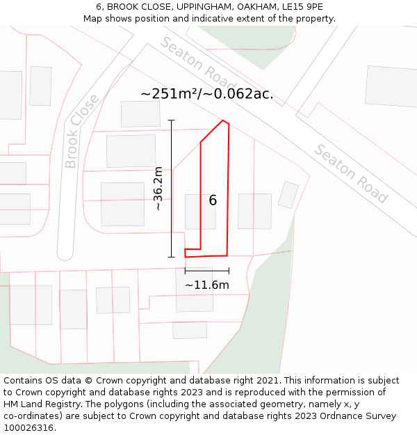6, BROOK CLOSE, UPPINGHAM, OAKHAM, LE15 9PE: Plot and title map