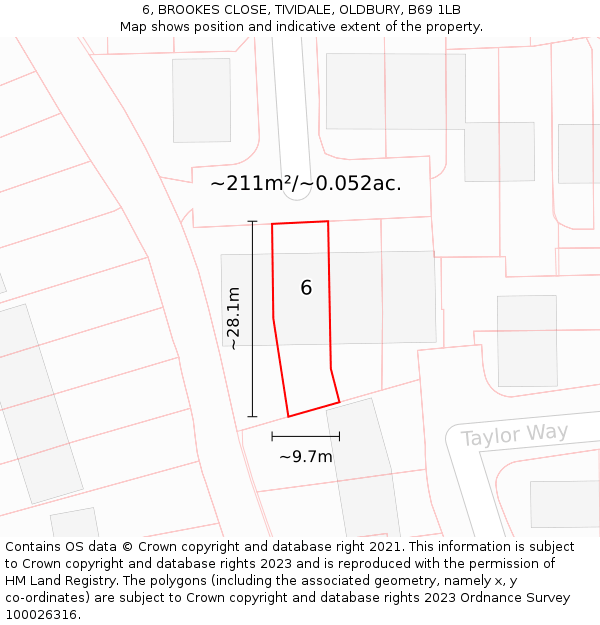 6, BROOKES CLOSE, TIVIDALE, OLDBURY, B69 1LB: Plot and title map