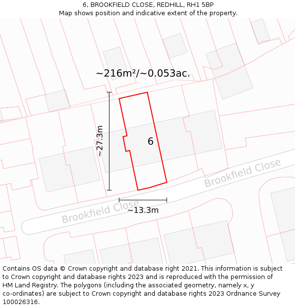 6, BROOKFIELD CLOSE, REDHILL, RH1 5BP: Plot and title map
